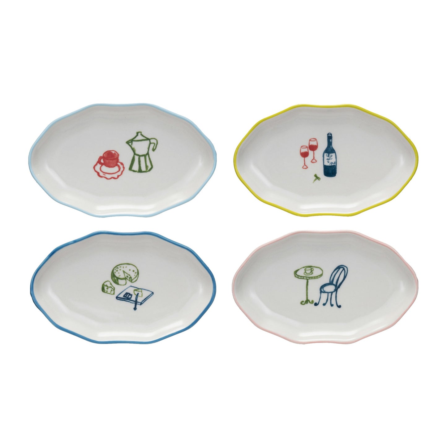 Hand-Painted Stoneware Dish w/ Colored Rim & Bistro Image, 4 Styles