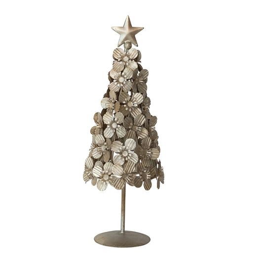 Metal Flowers Christmas Tree with Star, Antique Silver Finish